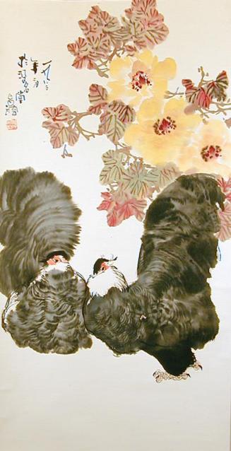Two Black Chickens with Yellow Flowers
