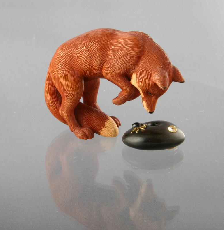 Netsuke of a Leaping Fox with Ojimes