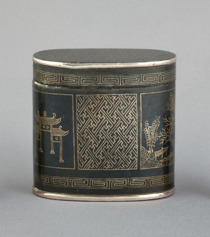 Niello Ware Opium Box with Geometric Designs and Scenes of Landscape