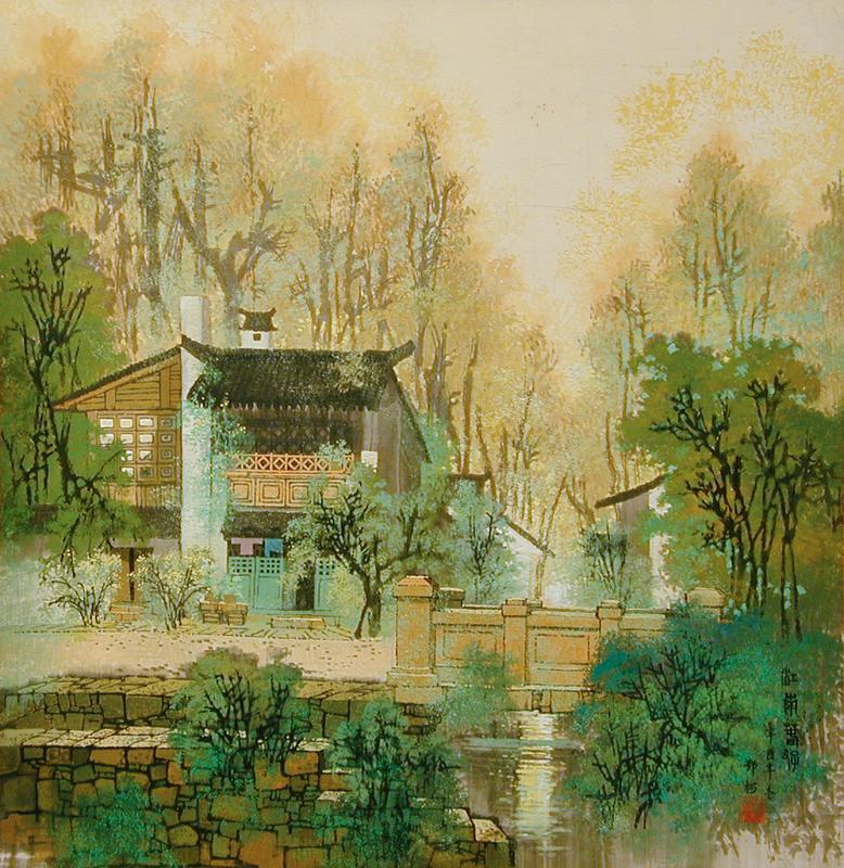 Southern Chinese Village with Wall, Pavilion and Bridge