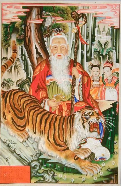 Folk Painting of Sage with Tiger