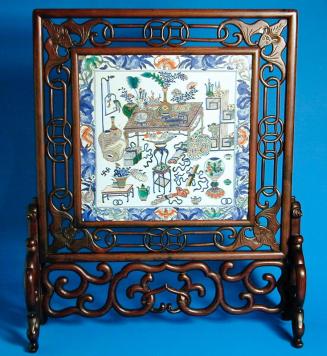 Miniature Screen with Painted Tile & Ornately Carved Stand