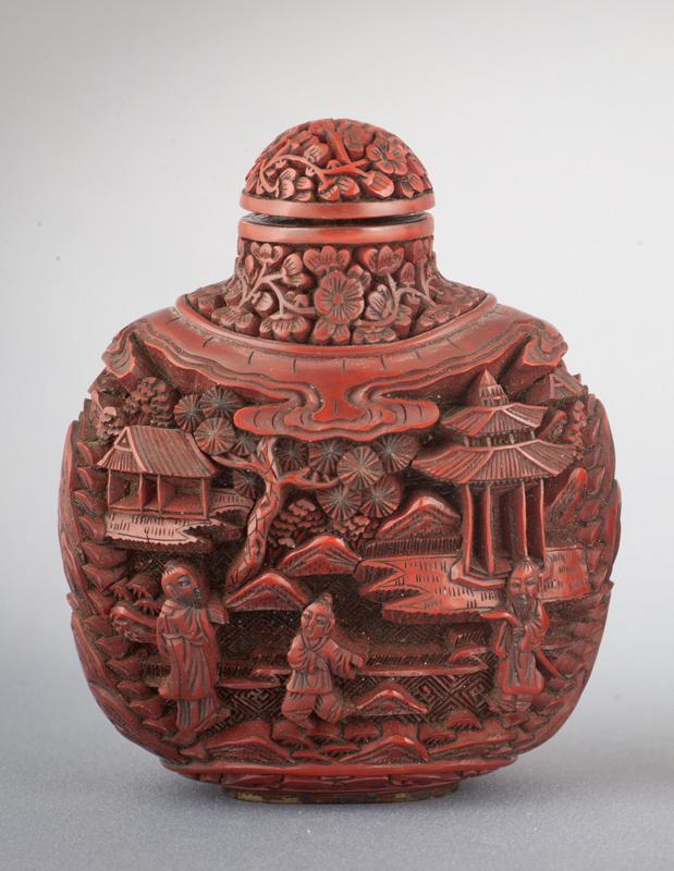 Cinnabar Lacquer Snuff Bottle with Designs of Architectural Structures, Figures and Trees
