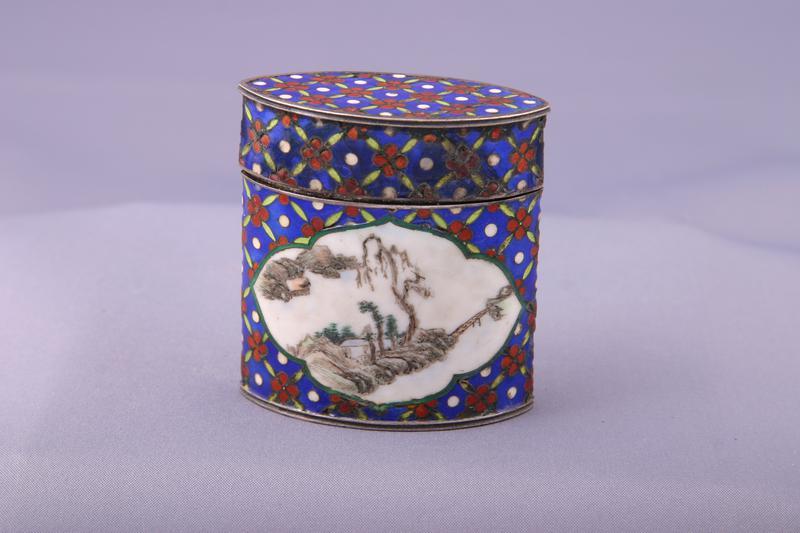 Cloisonné Opium Box With Floret Pattern around Two Panels of Landscape Scene