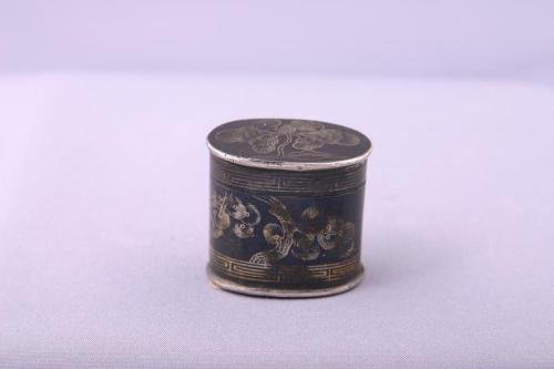 Niello Ware Opium Box with Designs of Peonies, Bamboo and Pine