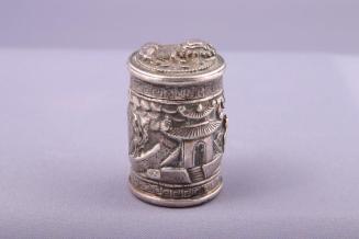 Silver Opium Box with Relief Decoration of a Lion Dog and Figures in a Garden