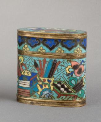 Cloisoné Opium Box with design of objects for the scholar's desk - Hundred Antiques Pattern