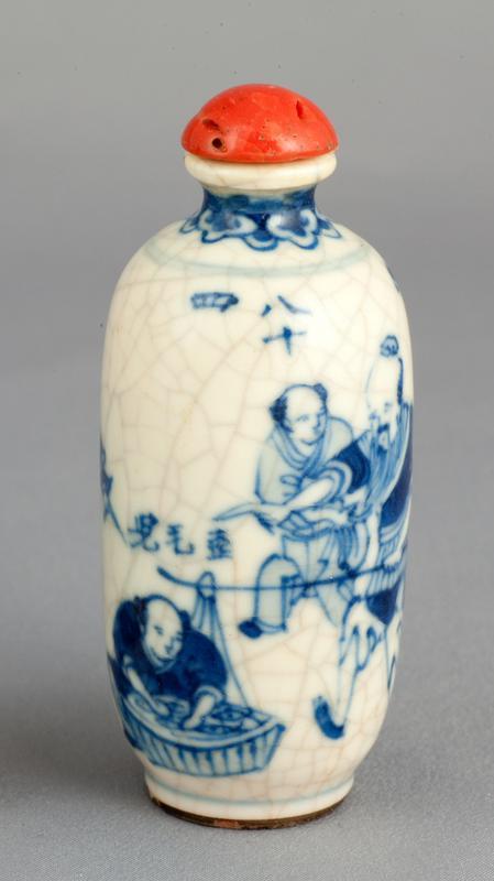 Blue and White Porcelain Snuff Bottle with Design of Figures and Baskets