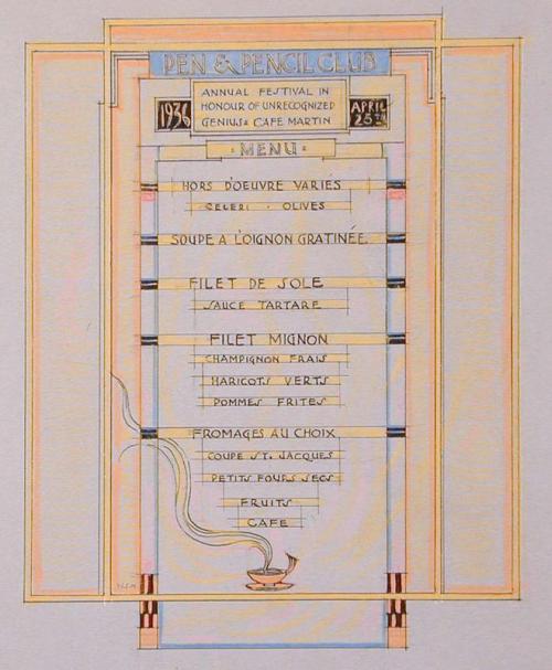 Menu: Pen and Pencil Club Annual Festival in Honour of Unrecognized Genius, April 25th, 1936