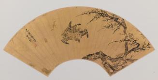 Fan Painting of Fighting Birds and Prunus Branch