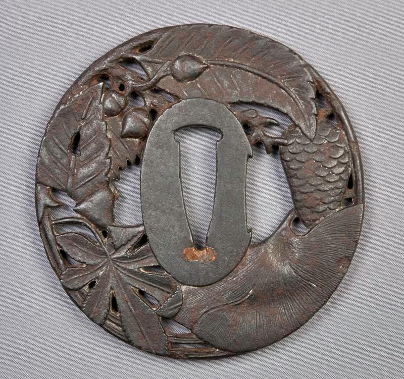 Bronze Tsuba with Leaf Design