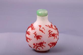 Glass Snuff Bottle with Red Overlay Design of Fruit and Blossoms