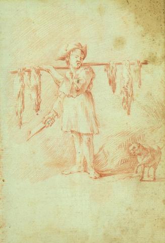 Untitled: (man with cleaver carries a pole with hanging meat)