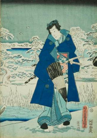 Standing Portrait of Prince Genji Holding an Umbrella in a Snowy Garden