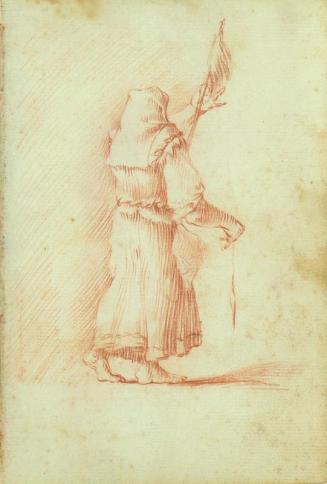Untitled: (figure in robe holds a pole with tassel-like end piece)