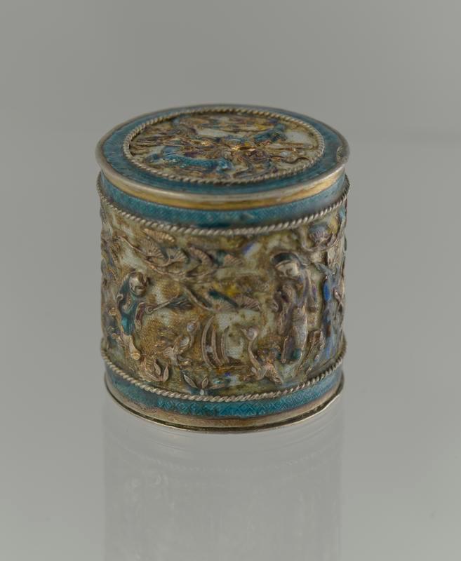 Cylindrical Opium Box with Enamel on Silver