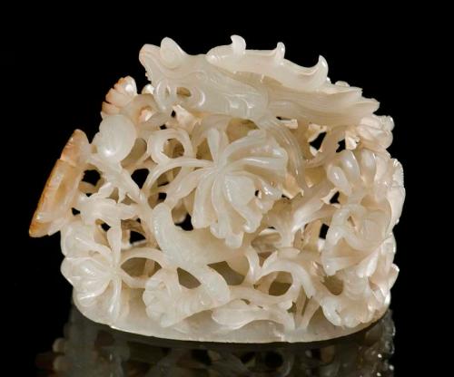 White Jade Carving with Dragon amidst Lotus Leaves and Flowers