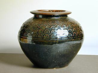 Temmoku Style Large Round Bodied Jar with Fish Scale Decoration