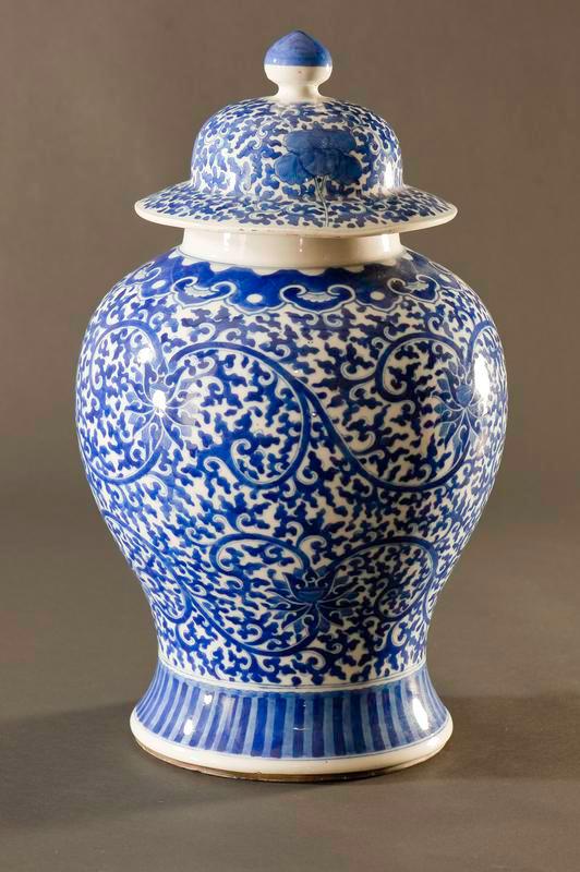 One of a Pair of Blue and White Porcelain Covered Jars