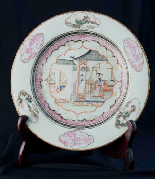 Export Ware Plate with a Decorative Scene of a Woman with a Mirror