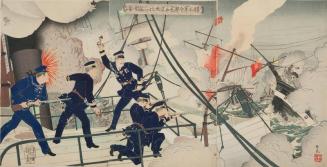 Kabayama, head of the naval commanding staff on board the Seikyu-Maru, attacks enemy ship.