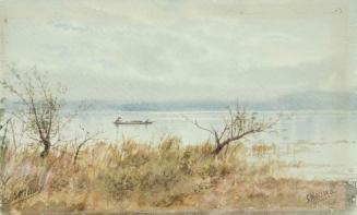 Untitled: landscape with shoreline vegetation and canoe