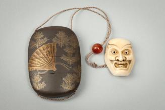 Lacquer Pine Design Inro with Noh Mask Netsuke and Carnelian Ojime