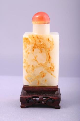 White Jade Snuff Bottle with Russet Relief Decoration Prunus and Seal Marks