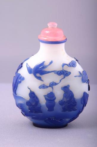 Glass Snuff Bottle with Cobalt Overlay Depicting a sage and attendants in a Garden