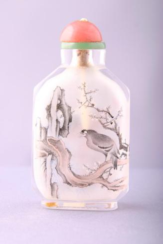 Glass Snuff Bottle Painted Inside with a Bird, Blossoms, Cauldron and Corroded Rock