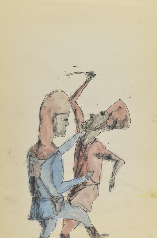 Untitled (two figures fighting, one blue, one red)