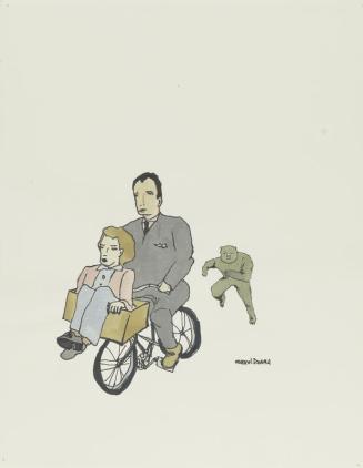 Untitled (man and woman on bicycle, background figure gives chase)