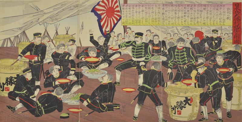 Japanese Soldiers Celebrating Victory with Food and Sake