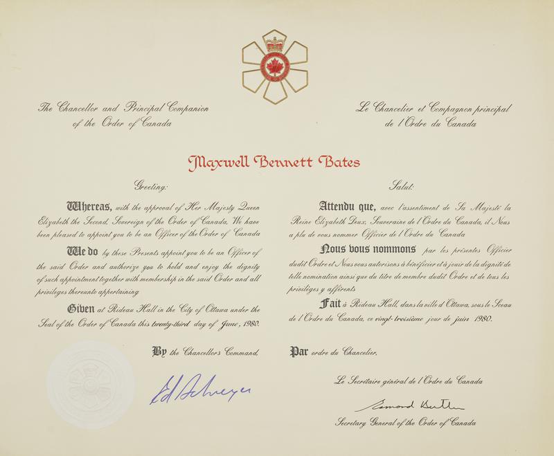 Maxwell Bates:  Order of Canada Certificate