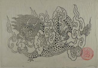 Yang dragon clutching pearls of Being & Consciousness with Yabum Sea displaying 'OM' symbol of Creation