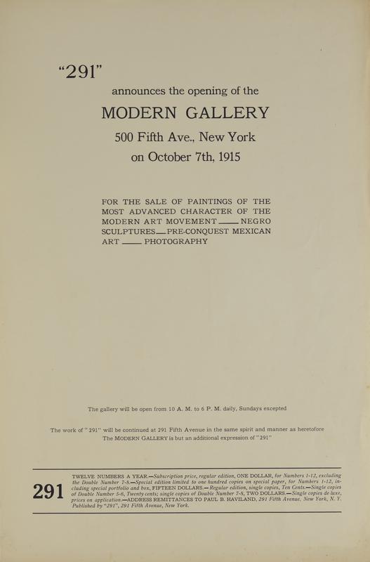 Announcement of the opening of the Modern Gallery; October 7th, 1915.