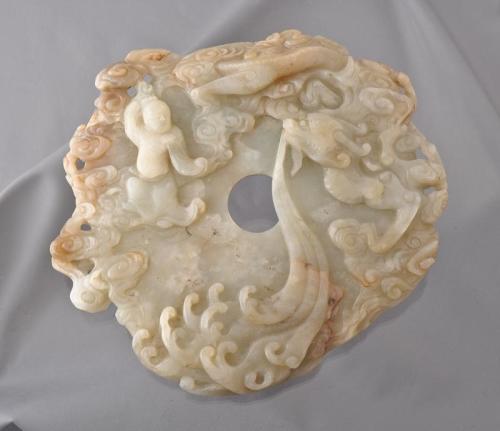 Jade Bi Disc with Figure and Dragon in Clouds