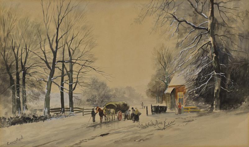Untitled (Winter Cottage with Figures and Horse Drawn Cart)