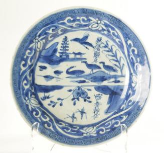 Blue and White Plate with Ducks in Landscape