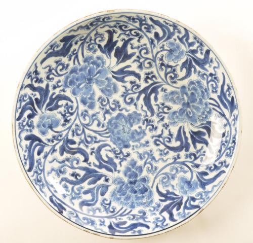 Large Blue and White Dish with Peony Flower Scrolls