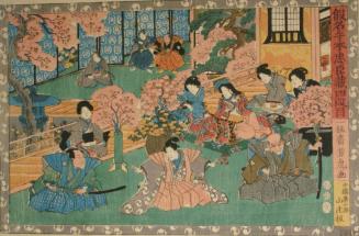 Forty-seven Ronin:  Act lV. Lady Enya beside cherry blossoms; pending suicide of Lord Enya in background.