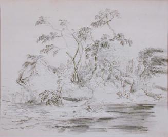 Untitled-trees and foliage around lake with horseman