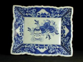 Blue and White Rectangular Dish with Jar and Fruit