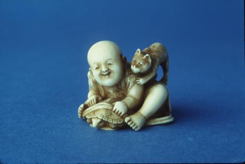 Netsuke of Happy Boy with Turtle and Cat
