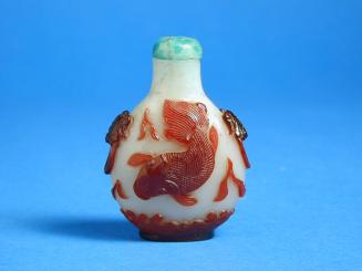 Glass Snuff Bottle with Red Overlay Design of Fish