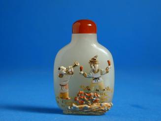 Glass Snuff Bottle with Overlay Design of Musicians and Dancer