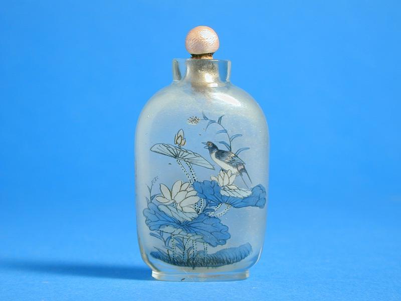 Glass Snuff Bottle with Image Painted Inside of Landscape, Bird, Insect and Blossoms