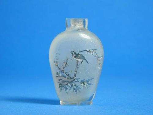 Glass Snuff Bottle with Image Painted Inside of a Landscape, Birds and Blossoms