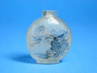 Glass Snuff Bottle with Image of Landscape, Bird, and Blossoms painted inside