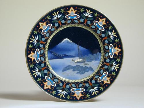 Silver Plate with Landscape of Tokyo Bay and Mount Fuji by Kodenji Hayashi